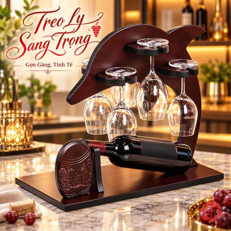 Giá Treo Ly Cá Heo Bằng Gỗ UP029L Kệ gỗ cá heo trên mặt bàn vân đá sáng