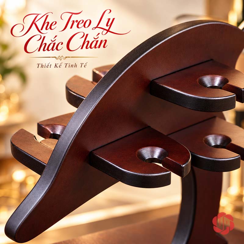 Giá Treo Ly Cá Heo Bằng Gỗ UP029L Cận những khe giữ chân ly trên hình cá heo
