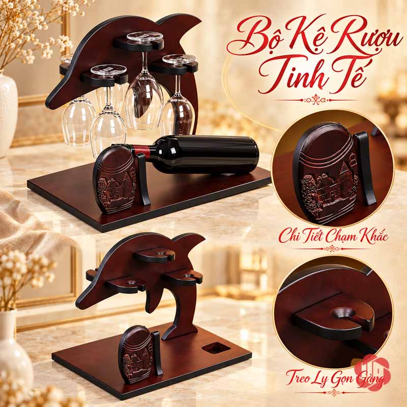 Giá Treo Ly Cá Heo Bằng Gỗ UP029L Ảnh ghép gốc có toàn cảnh kệ và phần đỡ chai chạm hình