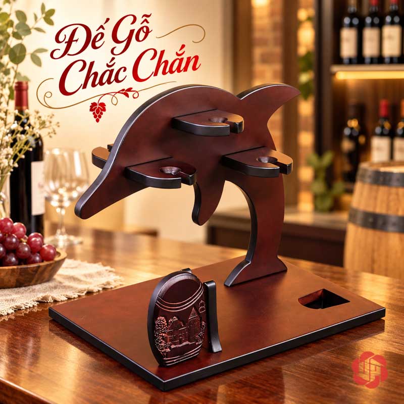 Giá Treo Ly Cá Heo Bằng Gỗ UP029L Kệ cá heo để trống trên mặt đế gỗ rộng