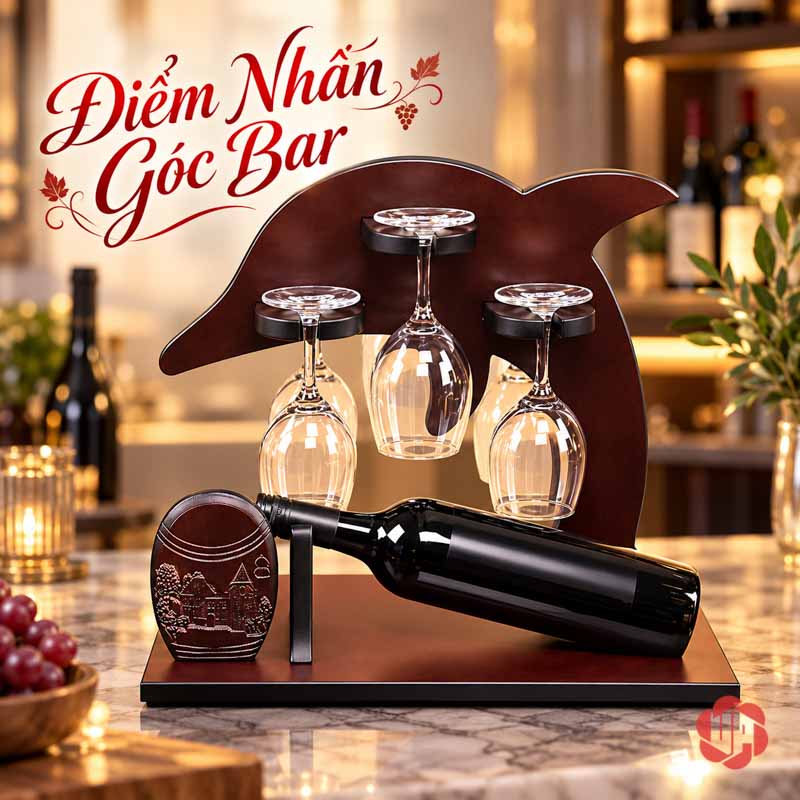Giá Treo Ly Cá Heo Bằng Gỗ UP029L Kệ cá heo với chai và ly trước nền tủ có đèn