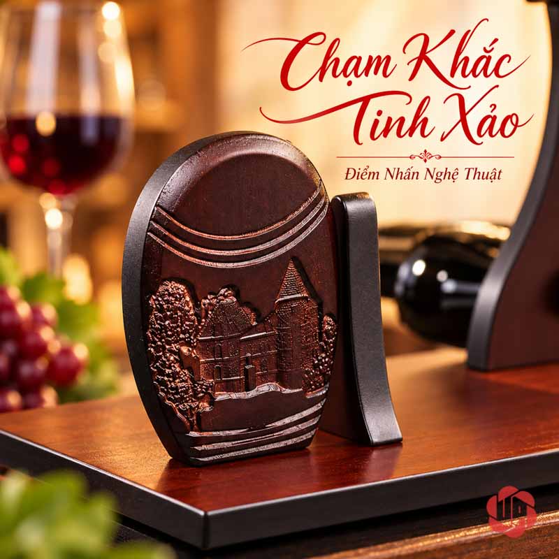 Giá Treo Ly Cá Heo Bằng Gỗ UP029L Cận chi tiết hình kiến trúc trên phần đỡ chai