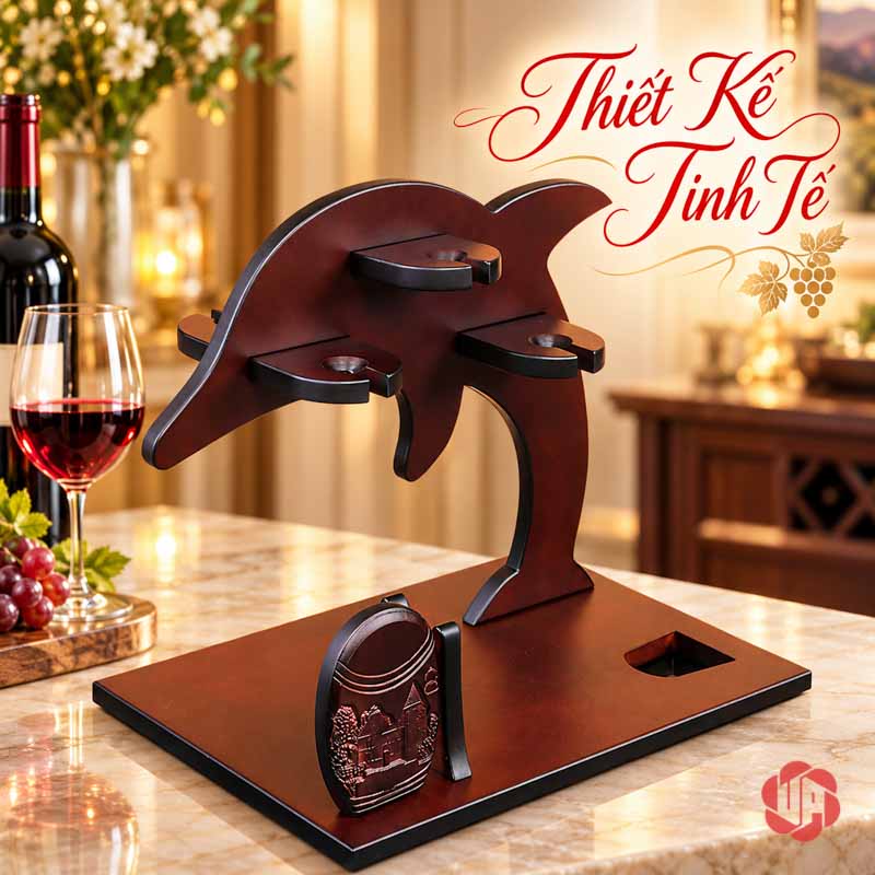 Giá Treo Ly Cá Heo Bằng Gỗ UP029L Kệ cá heo không có chai và ly trên đế chữ nhật