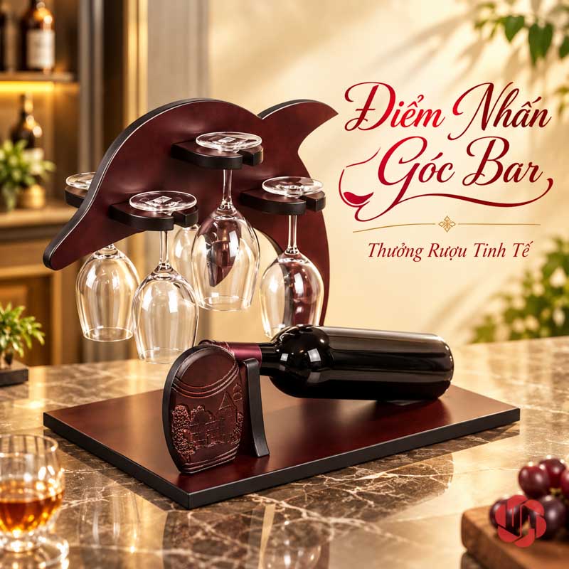 Giá Treo Ly Cá Heo Bằng Gỗ UP029L Kệ cá heo nhìn từ góc chéo bên mặt bàn
