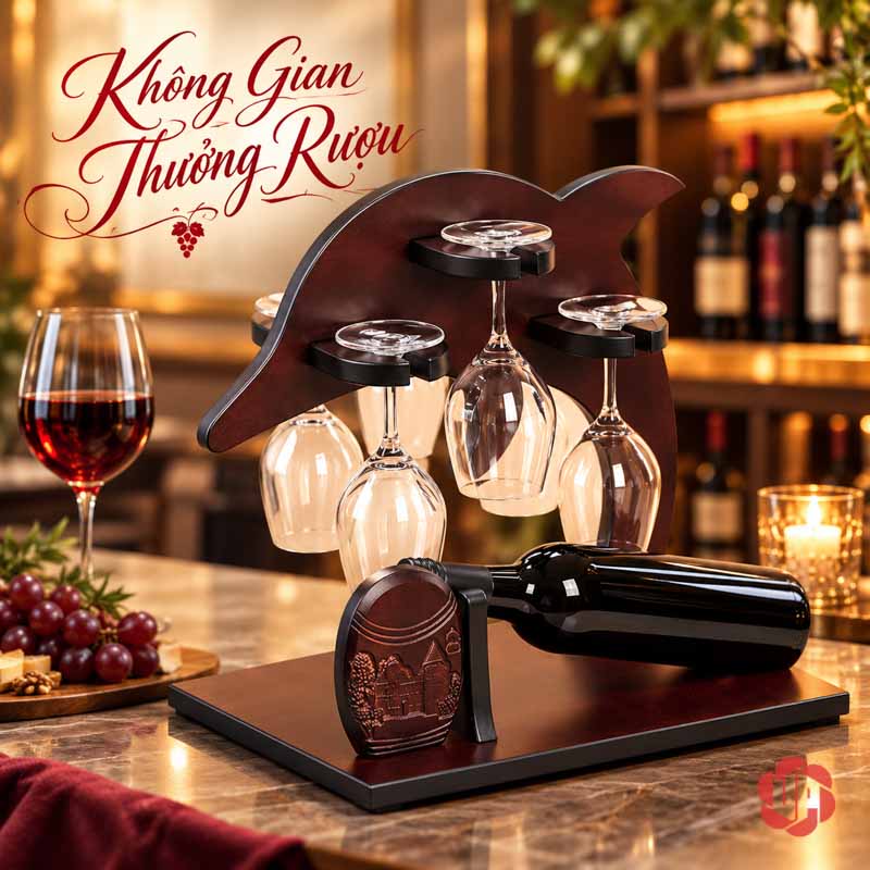 Giá Treo Ly Cá Heo Bằng Gỗ UP029L Kệ cá heo bên ly đứng và chùm nho