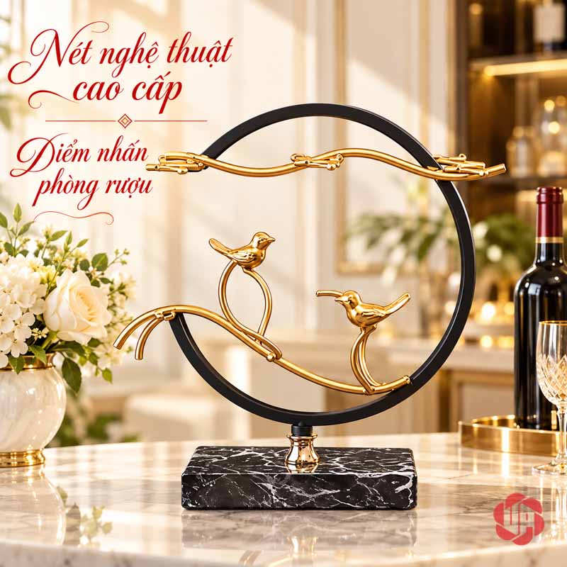Decor Phòng Khách Giá Ly Đôi Chim UP012L Giá tròn đen phối nhánh vàng nhìn chính diện