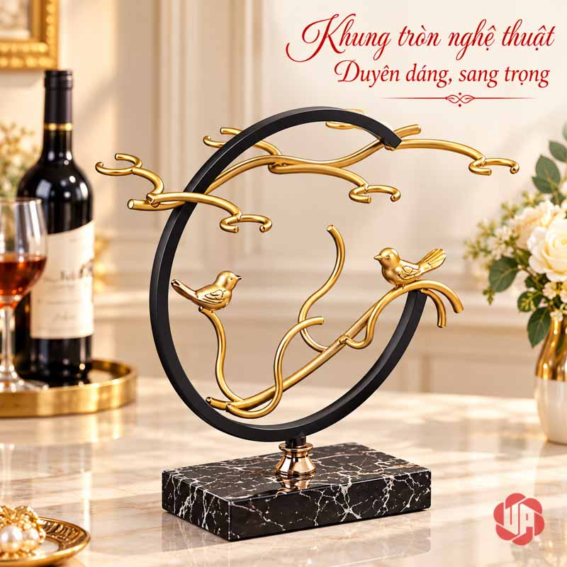 Decor Phòng Khách Giá Ly Đôi Chim UP012L Khung tròn đen với hai chim vàng khi chưa đặt chai và ly