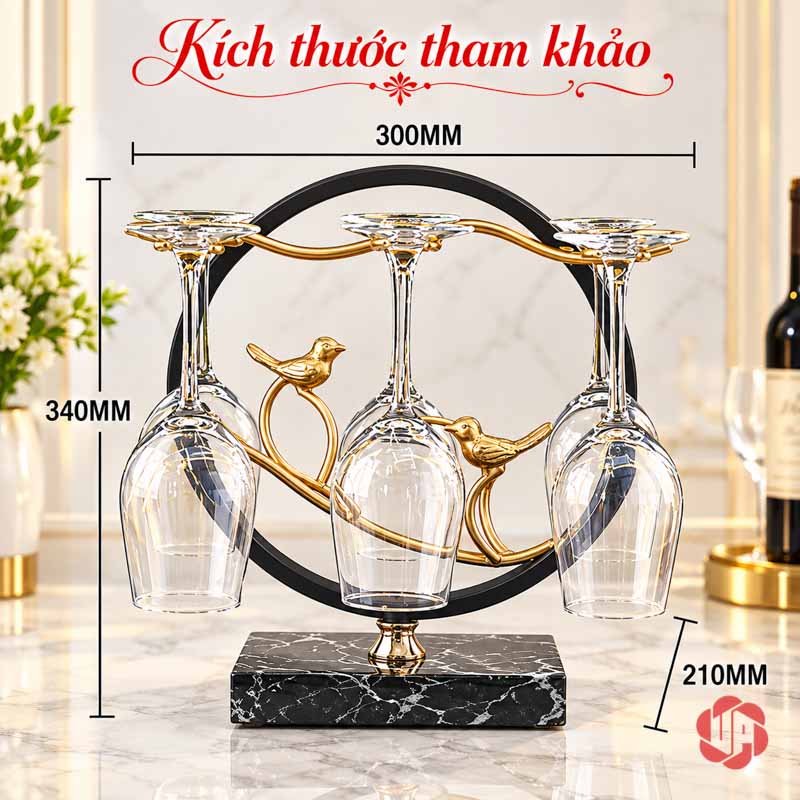 Decor Phòng Khách Giá Ly Đôi Chim UP012L Sơ đồ giá ly dài 30 rộng 21 và cao 34 cm