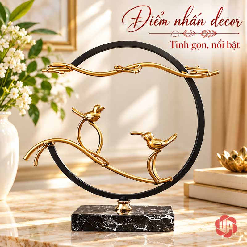 Decor Phòng Khách Giá Ly Đôi Chim UP012L Giá ly để trống với nhánh vàng uốn trong vòng tròn