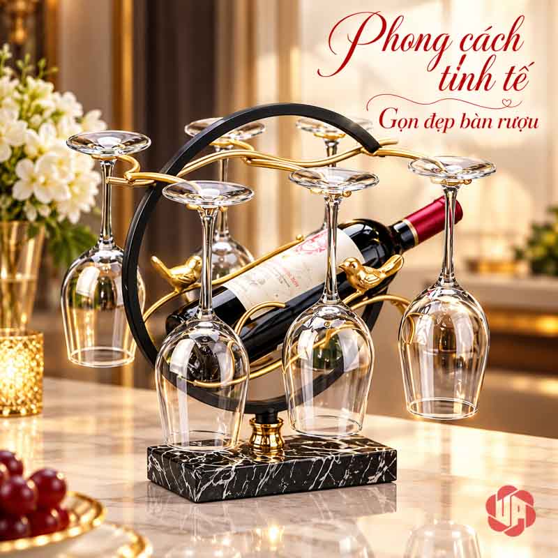 Decor Phòng Khách Giá Ly Đôi Chim UP012L Giá đôi chim trên bàn sáng với bộ ly trong suốt