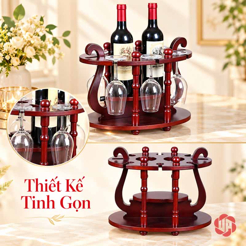Giá Treo Ly Rượu Gỗ Cổ Điển UP019L Ảnh ghép gốc thể hiện giá nâu đỏ có ly và khi để trống