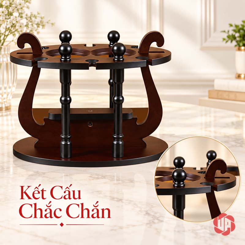 Giá Treo Ly Rượu Gỗ Cổ Điển UP019L Giá gỗ nâu sẫm và góc cận phần trụ, mặt trên