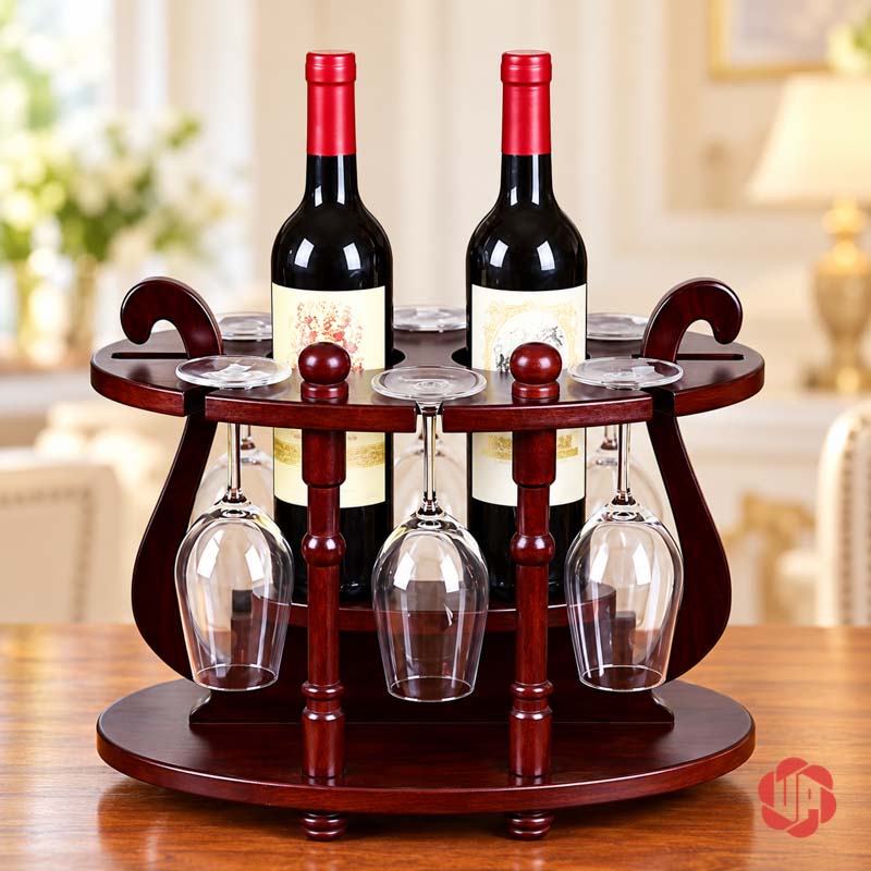 Giá Treo Ly Rượu Gỗ Cổ Điển UP019L Giá ly nâu đỏ nhìn chính diện với chai ở giữa