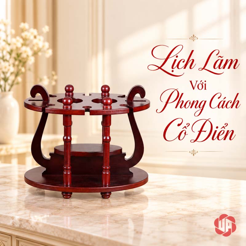 Giá Treo Ly Rượu Gỗ Cổ Điển UP019L Giá nâu đỏ để trống với hai bên uốn cong