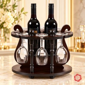 Giá ly gỗ nâu sẫm trên bàn sáng