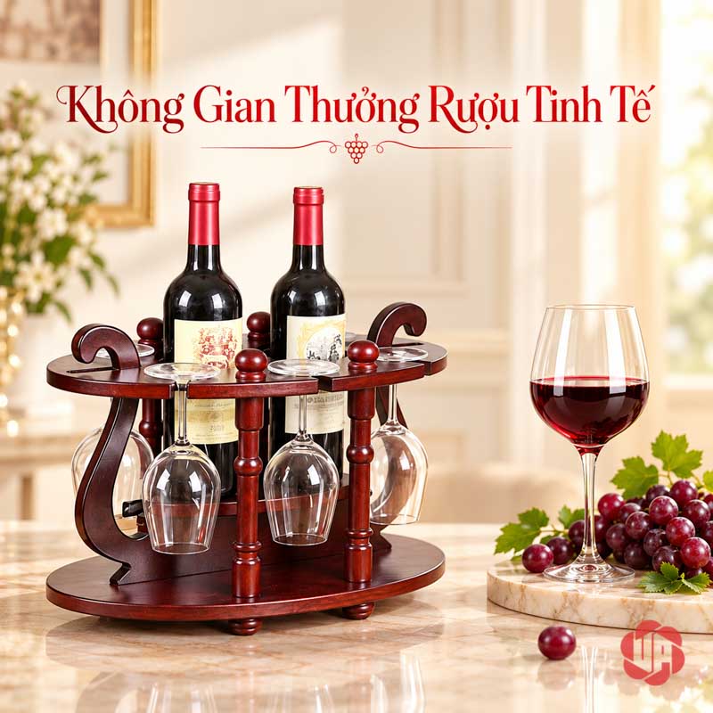 Giá Treo Ly Rượu Gỗ Cổ Điển UP019L Giá ly cổ điển cạnh ly đứng và chùm nho