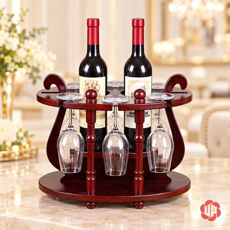 Giá Treo Ly Rượu Gỗ Cổ Điển UP019L Giá ly gỗ nâu đỏ đặt trên bàn trong phòng sáng
