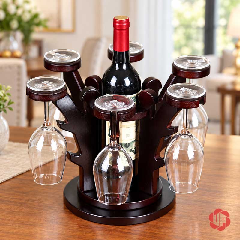 Decor Nhà Đẹp Giá Ly Gỗ Tỏa Tròn UP025L Giá gỗ nâu đỏ với ly trong phòng sáng