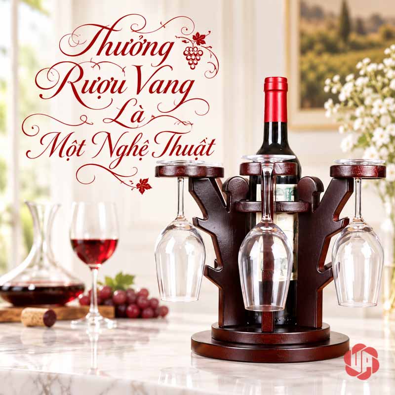 Decor Nhà Đẹp Giá Ly Gỗ Tỏa Tròn UP025L Giá gỗ cạnh ly rượu đứng và chùm nho