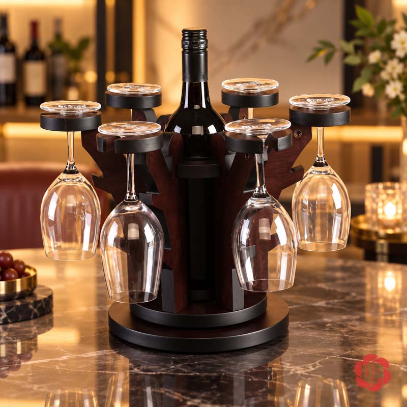 Decor Nhà Đẹp Giá Ly Gỗ Tỏa Tròn UP025L Giá ly gỗ có chai và ly trên bàn trước nền tối