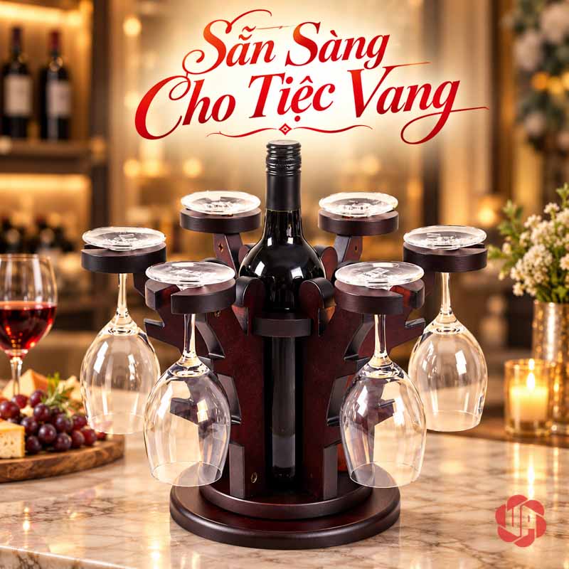 Decor Nhà Đẹp Giá Ly Gỗ Tỏa Tròn UP025L Giá gỗ sáu nhánh với ly và chai đen