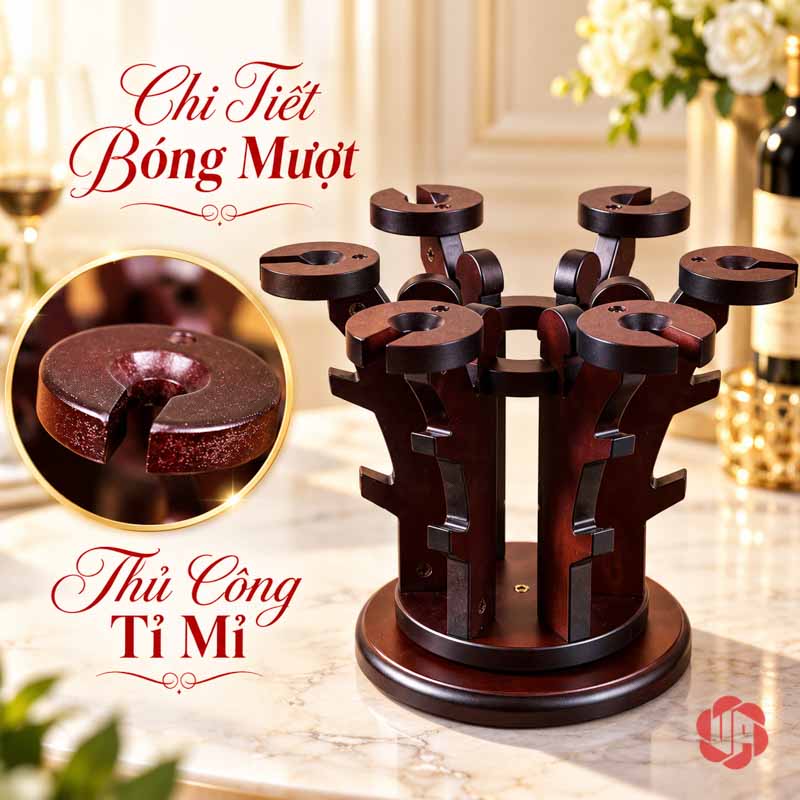 Decor Nhà Đẹp Giá Ly Gỗ Tỏa Tròn UP025L Giá để trống và góc cận đầu nhánh có khe giữ ly