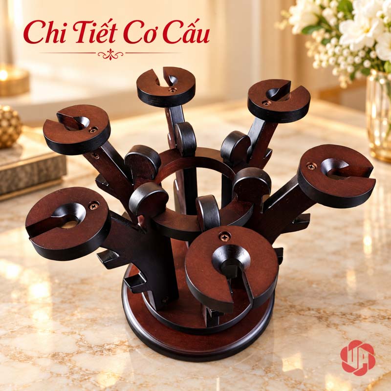 Decor Nhà Đẹp Giá Ly Gỗ Tỏa Tròn UP025L Góc chéo từ trên cho thấy nhánh gỗ và khe treo