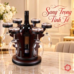 Giá gỗ có chai đứng giữa các ly treo