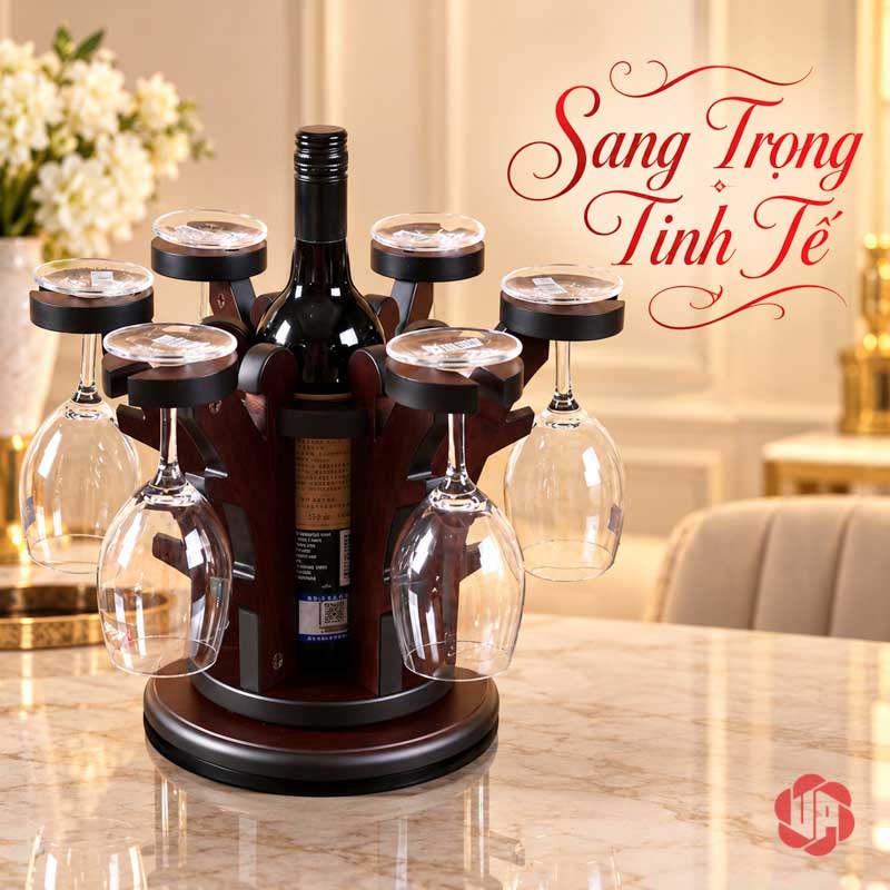 Decor Nhà Đẹp Giá Ly Gỗ Tỏa Tròn UP025L Giá gỗ có chai đứng giữa các ly treo