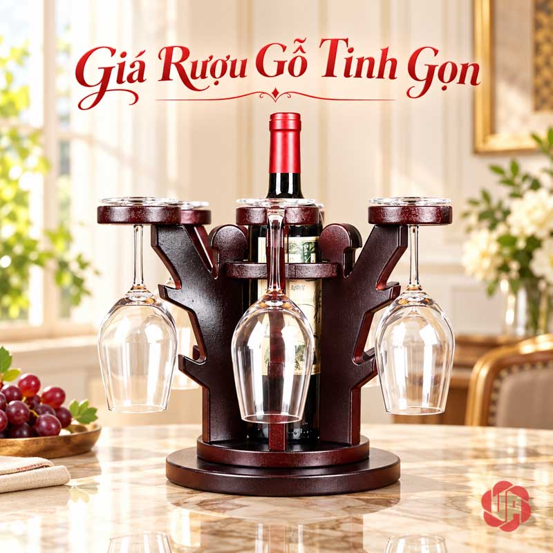 Decor Nhà Đẹp Giá Ly Gỗ Tỏa Tròn UP025L Giá ly tỏa tròn nhìn ngang với chai ở giữa