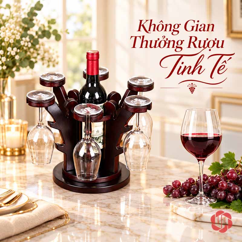 Decor Nhà Đẹp Giá Ly Gỗ Tỏa Tròn UP025L Giá ly gỗ ở góc bàn có khăn và đĩa