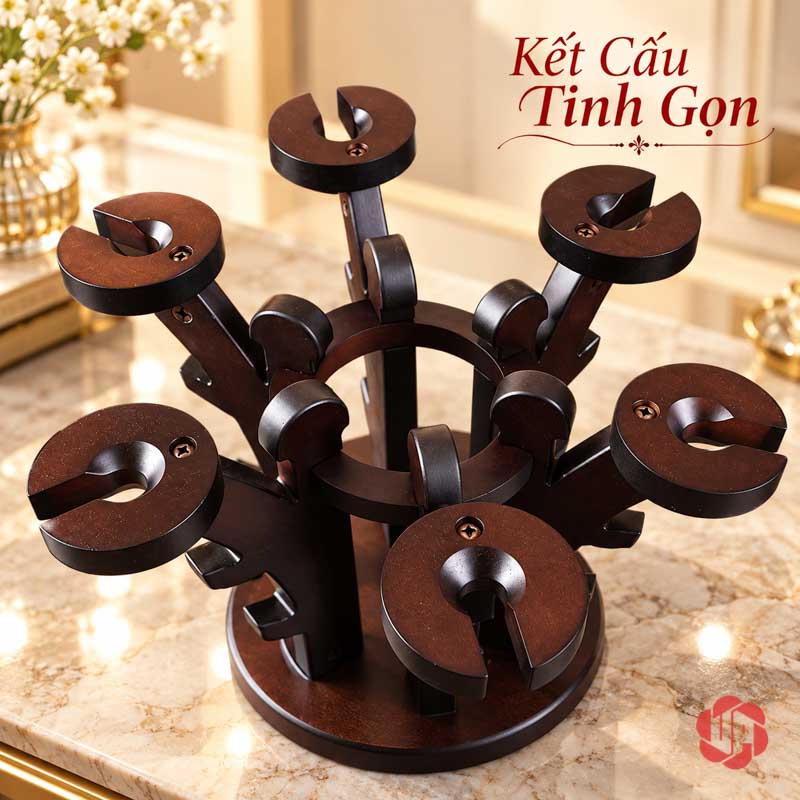 Decor Nhà Đẹp Giá Ly Gỗ Tỏa Tròn UP025L Giá ly gỗ sáu nhánh nhìn từ góc trên khi để trống