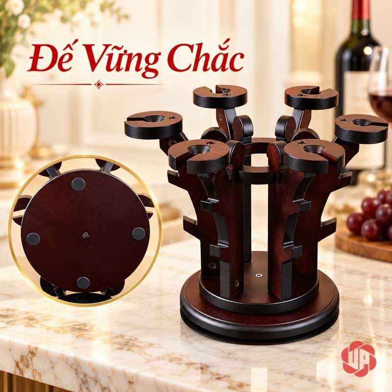 Decor Nhà Đẹp Giá Ly Gỗ Tỏa Tròn UP025L Giá gỗ cùng ảnh mặt dưới đế có các miếng lót