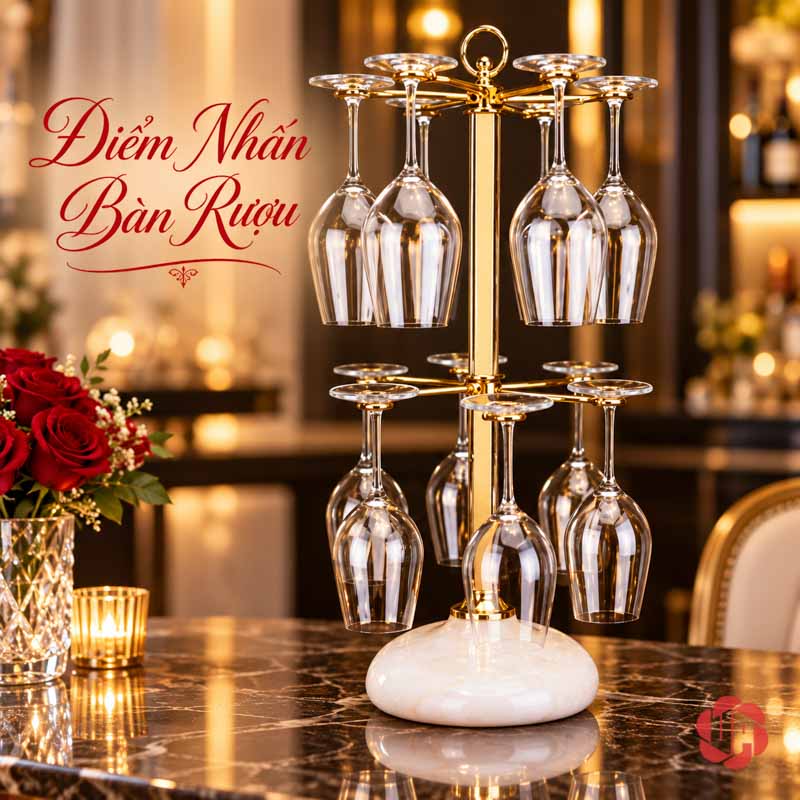 Giá Treo Ly Rượu Vang Hai Tầng Đế Đá UP039L Giá hai tầng có ly trên quầy cạnh hoa đỏ