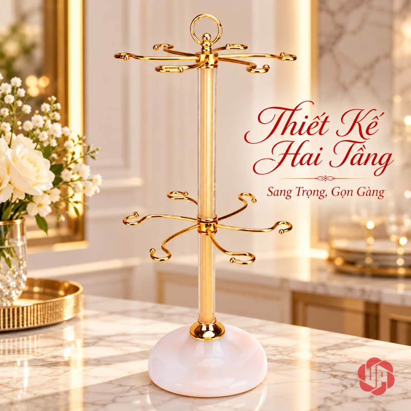 Giá Treo Ly Rượu Vang Hai Tầng Đế Đá UP039L Khung giá vàng để trống với sáu móc ở mỗi tầng