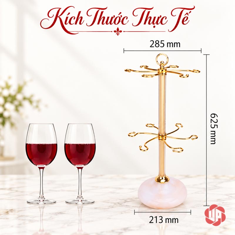 Giá Treo Ly Rượu Vang Hai Tầng Đế Đá UP039L Ảnh kích thước rộng 285 mm, cao 625 mm, đế 213 mm