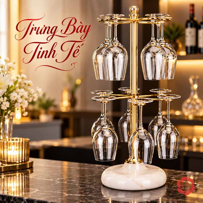 Giá Treo Ly Rượu Vang Hai Tầng Đế Đá UP039L Giá hai tầng trên mặt quầy tối dưới ánh đèn ấm