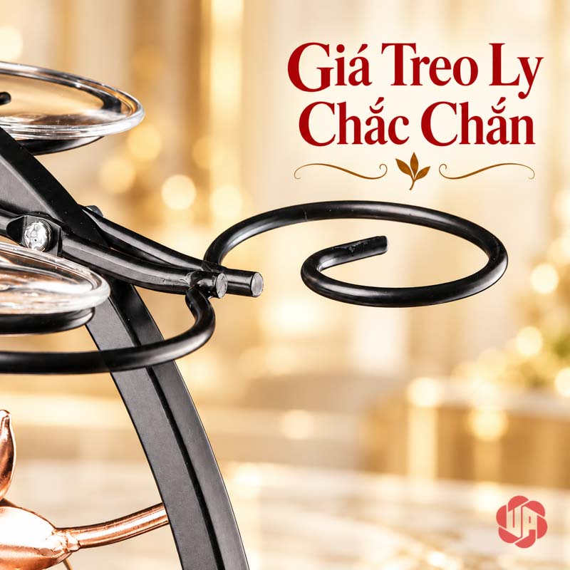 Giá Treo Ly Khung Tròn Cành Hoa UP018L Cận móc uốn đen và điểm nối ở đỉnh khung