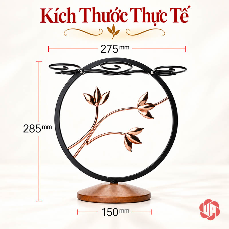 Giá Treo Ly Khung Tròn Cành Hoa UP018L Sơ đồ giá ngang 27,5 cao 28,5 cm, chân đế rộng 15 cm