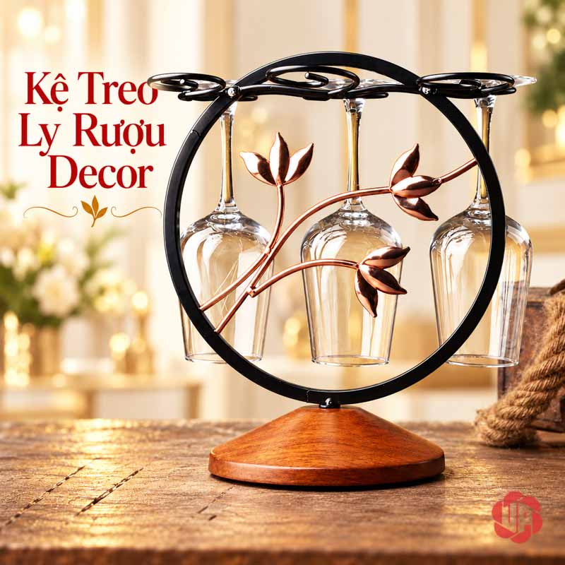 Giá Treo Ly Khung Tròn Cành Hoa UP018L Giá khung tròn với cành hoa và các ly úp