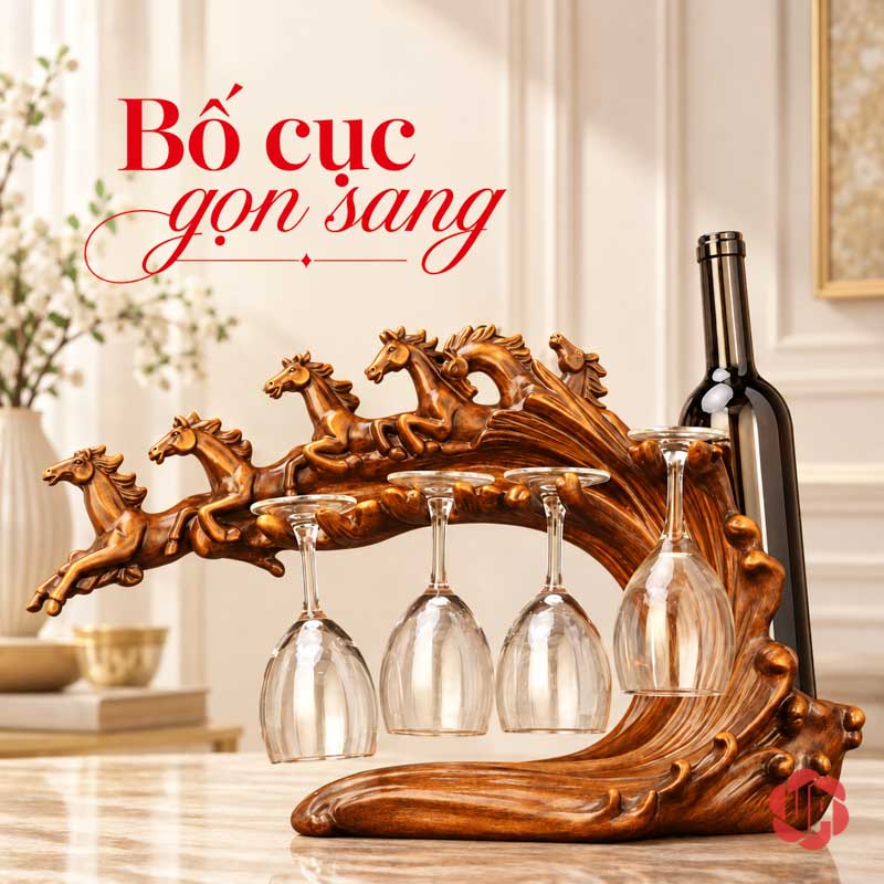 Giá Treo Ly Rượu Vang Lục Mã Truy Phong UP017L Giá lục mã có ly và chai trên bàn sáng
