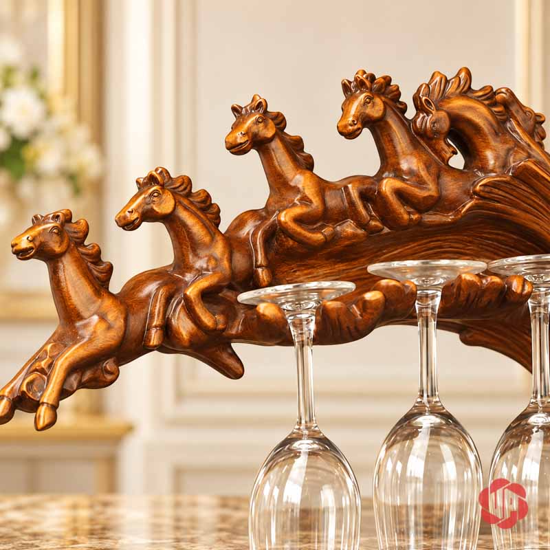 Giá Treo Ly Rượu Vang Lục Mã Truy Phong UP017L Cận đàn ngựa và phần giữ chân ly bên dưới