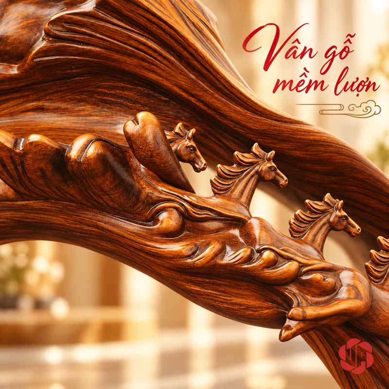 Giá Treo Ly Rượu Vang Lục Mã Truy Phong UP017L Cận vân nâu giả gỗ và các chú ngựa trên giá ly