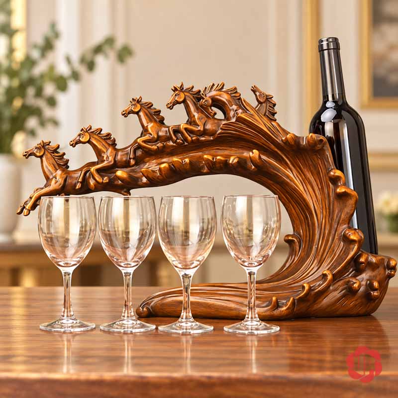 Giá Treo Ly Rượu Vang Lục Mã Truy Phong UP017L Giá lục mã phía sau những chiếc ly đang đặt đứng trên bàn