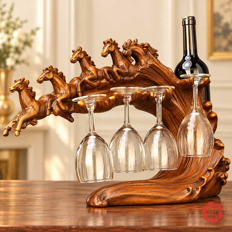 Giá Treo Ly Rượu Vang Lục Mã Truy Phong UP017L Toàn cảnh giá lục mã nâu gỗ treo ly và đặt chai