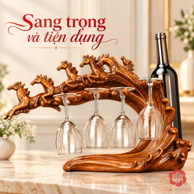 Giá Treo Ly Rượu Vang Lục Mã Truy Phong UP017L Giá lục mã với bốn ly và chai phía bên phải