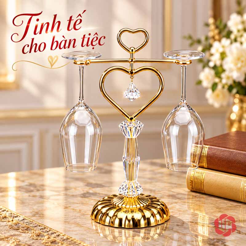 Giá Treo Ly Rượu Vang Tình Yêu UP036L Giá hai ly màu vàng trong phòng có rèm sáng