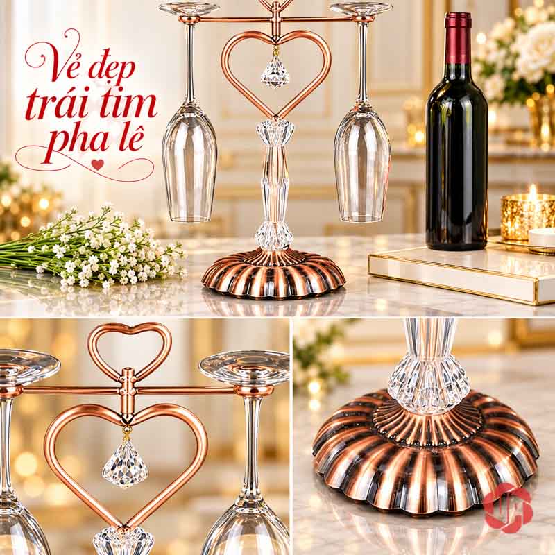Giá Treo Ly Rượu Vang Tình Yêu UP036L Ảnh ghép giá đồng hồng và cận chân đế, thân trong suốt