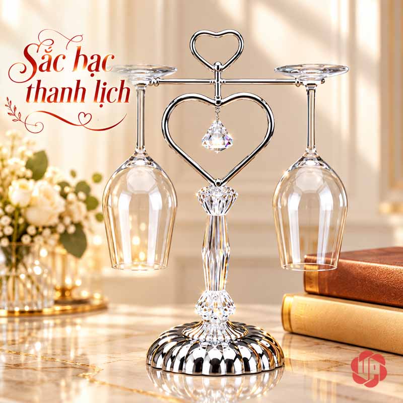 Giá Treo Ly Rượu Vang Tình Yêu UP036L Giá trái tim màu bạc với hai ly úp