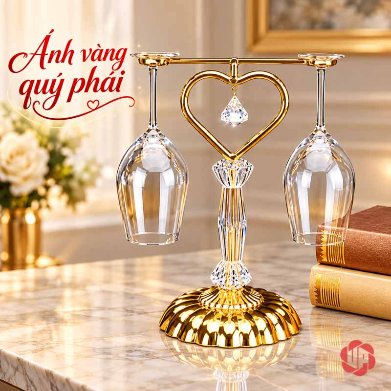 Giá Treo Ly Rượu Vang Tình Yêu UP036L Giá treo hai ly màu vàng có chi tiết trong suốt giữa tim